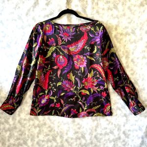 Ralph Lauren SZ PL Petite Silk Floral LS Blouse Boat Neck Light Spring Asian